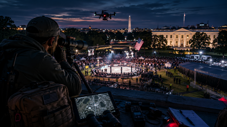 Security operations team monitoring drone activity, crowd movement, and venue risk during a major public event.